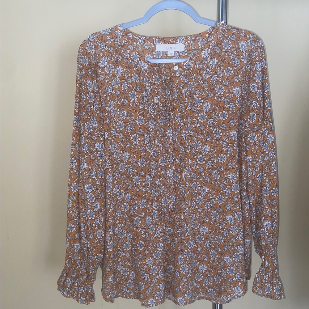 LOFT Gold yellow Ruffled Blouse with V-Neck Puff Sleeves